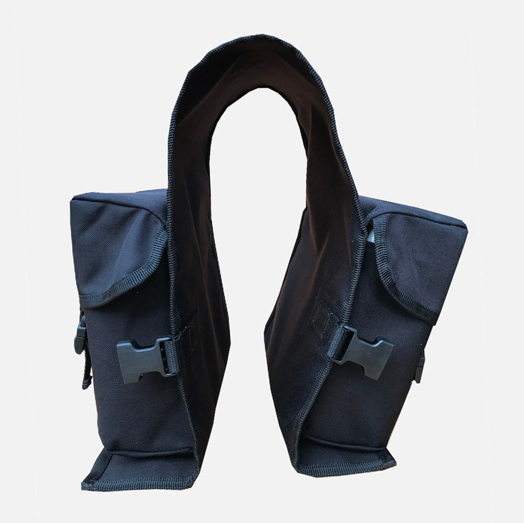 Load image into Gallery viewer, Freerein equipment saddle bag, front view showing how the bag sits behind the saddle.
