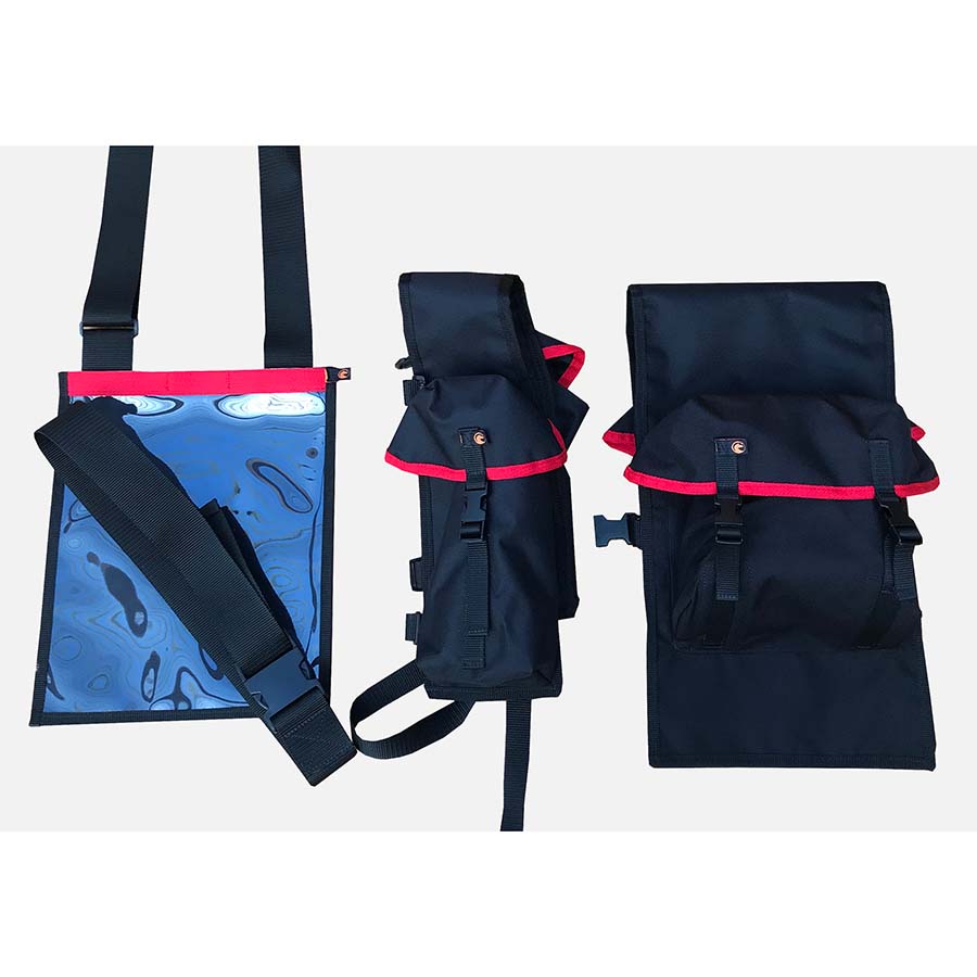 Load image into Gallery viewer, Freerein equipment saddle bag with matching bottle bag and map case, with red trim
